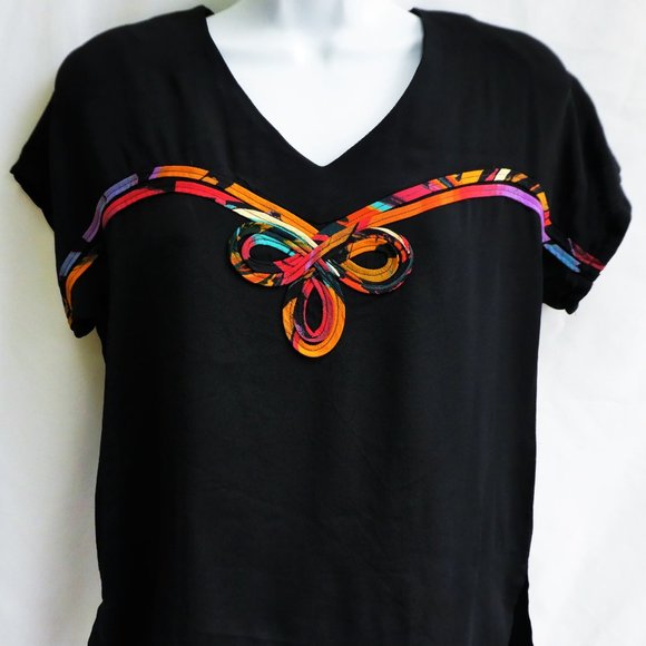 Vintage 3pc Black Abstract Pant Suit Blazer Blouse Trousers Basque Waist USA 10 - Picture 6 of 16